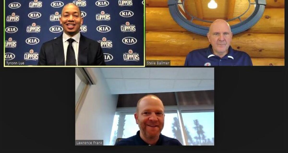 The Clippers introduced new coach Tyronn Lue, top left, during a videoconference with owner Steve Ballmer and Lawrence Frank.