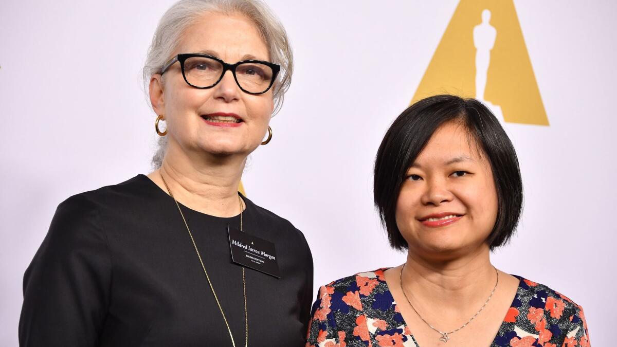 Ai-Ling Lee, left, and Mildred Iatrow Morgan, seen at the 89th Annual Academy Awards Nominee Luncheon, are the first all-woman sound editing team to be nominated for an Oscar. (Steve Granitz / WireImage)