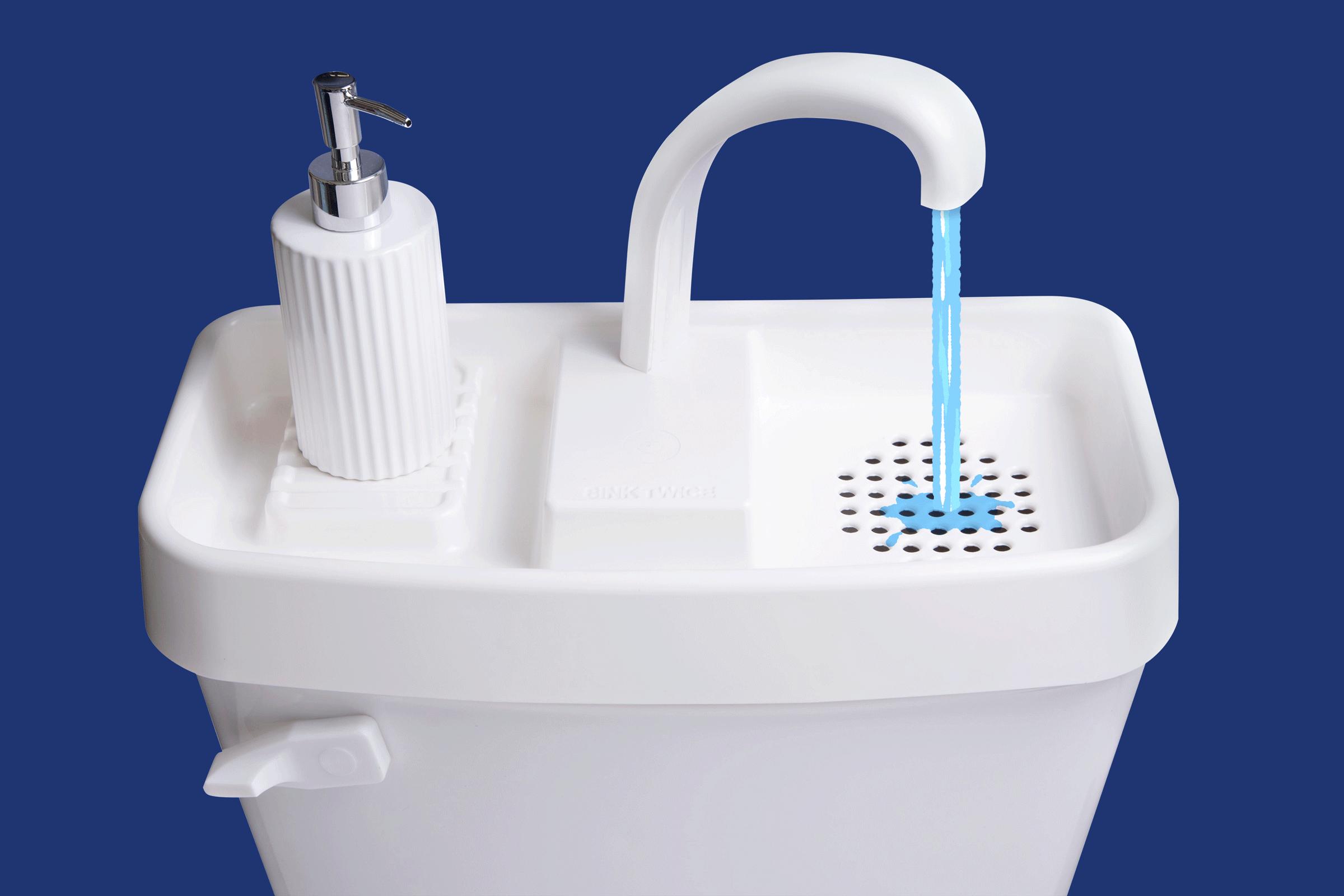 Photo illustration of a toilet with a sink in the upper tank. Animated water is flowing from the faucet.
