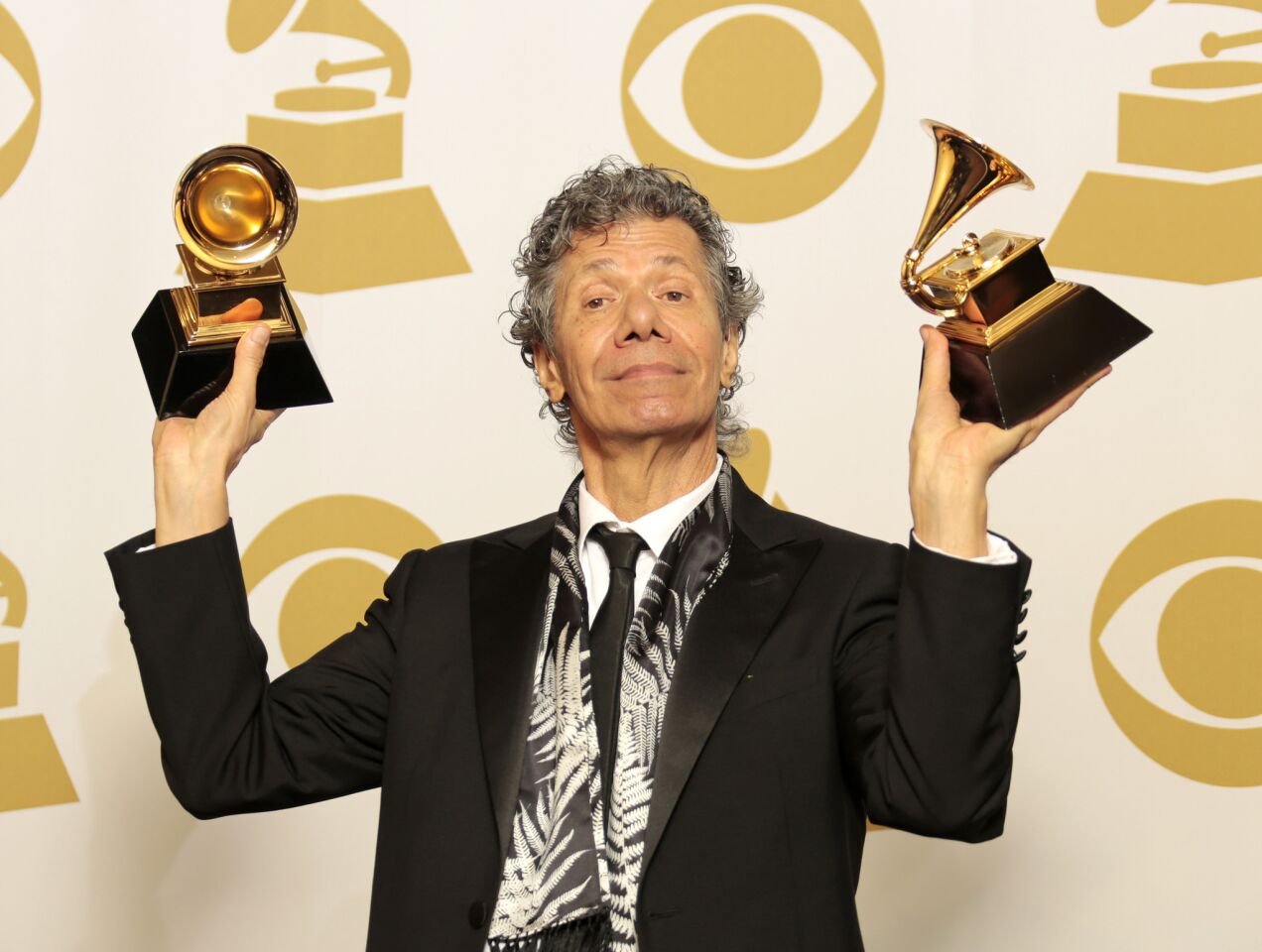 Chick Corea holds the Grammys he won for improvised jazz solo and jazz insturmental album.