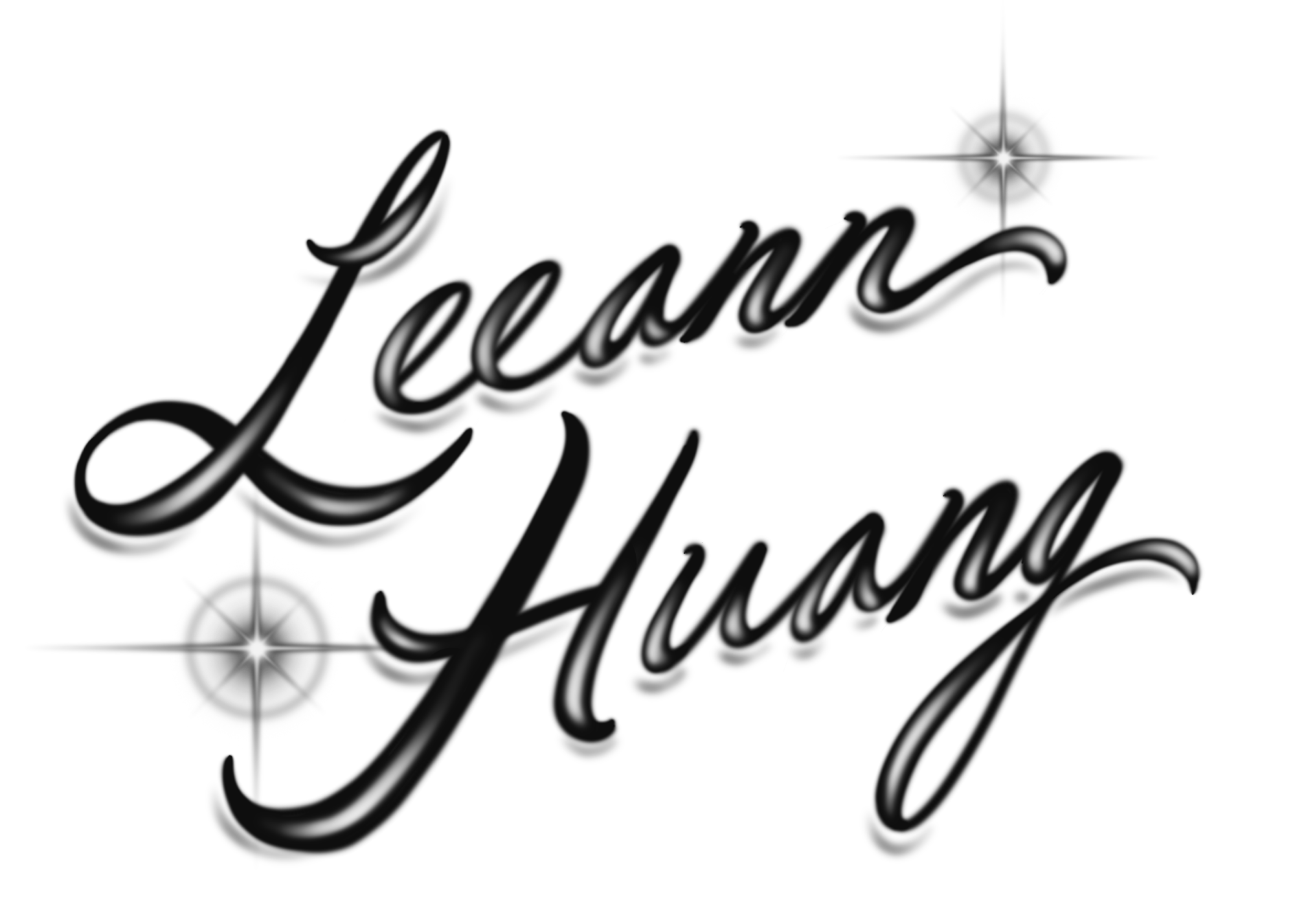 script that reads “Leeann Huang” surrounded by flare graphics