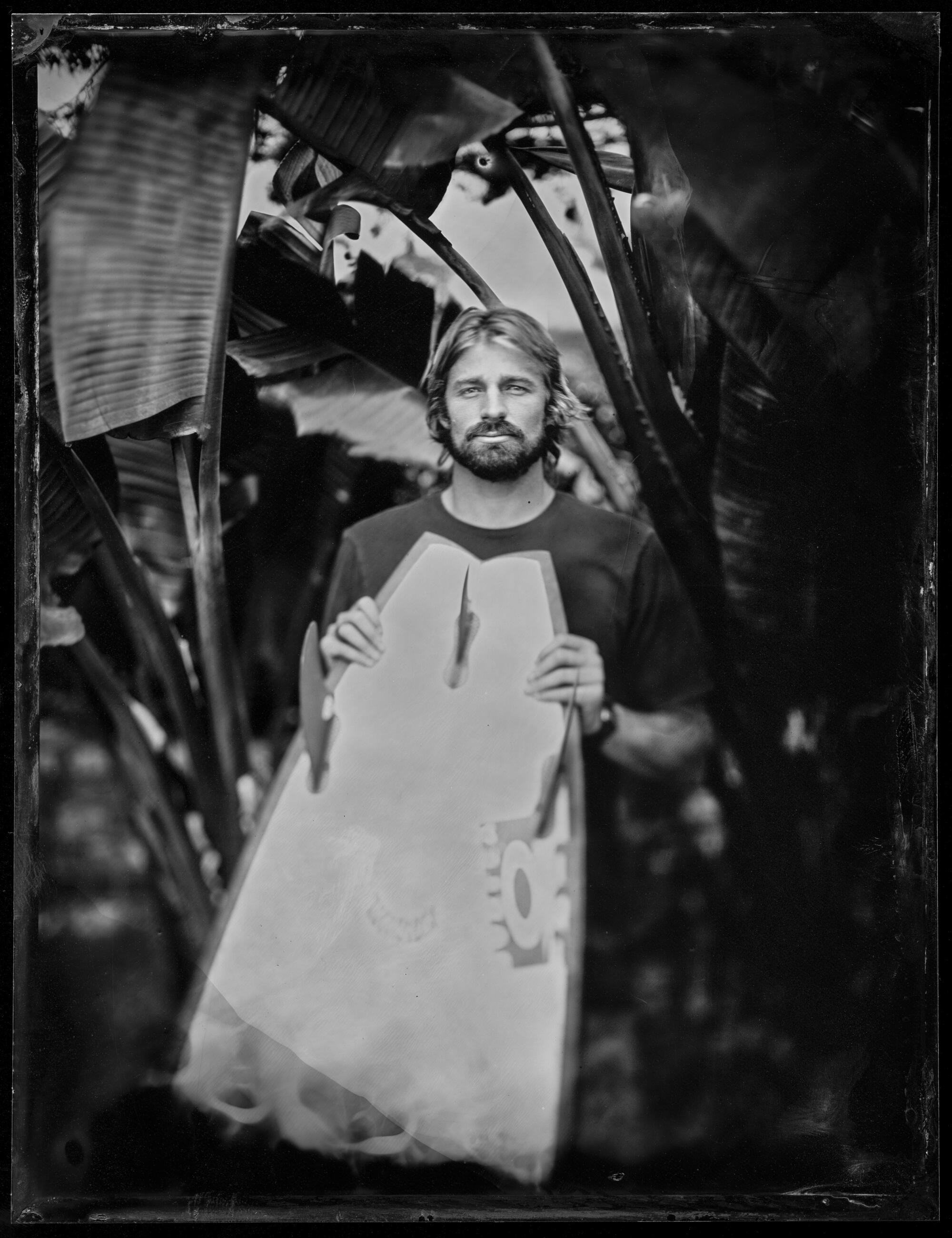 Kolohe Andino, one of the top-ranked surfers in the U.S., is seen in a tintype photograph