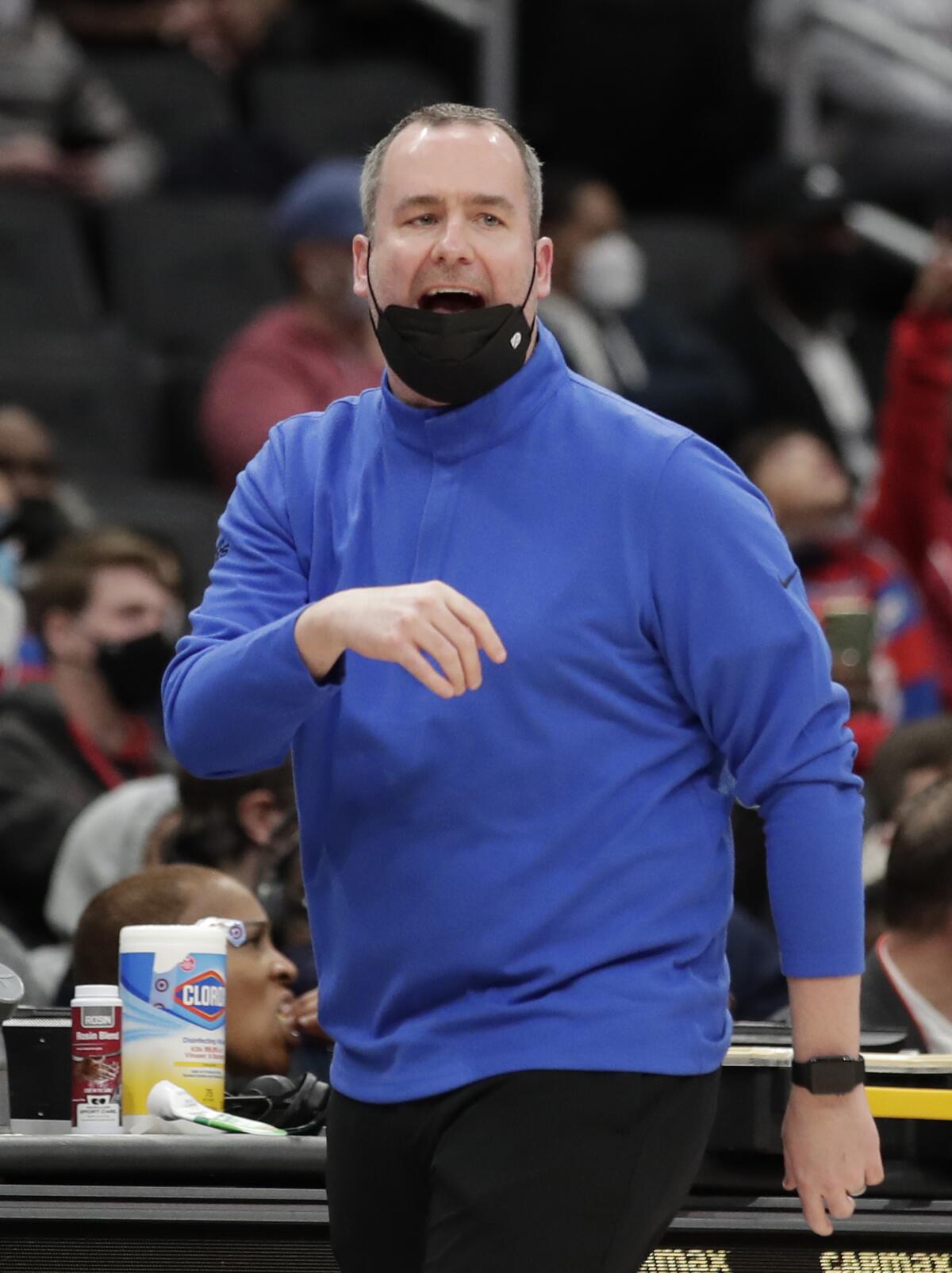 Washington Wizards interim head coach Pat Delany is seen during the first half of an NBA basketball game against the Portland Trail Blazers, Saturday, Jan. 15, 2022, in Washington. (AP Photo/Luis M. Alvarez)