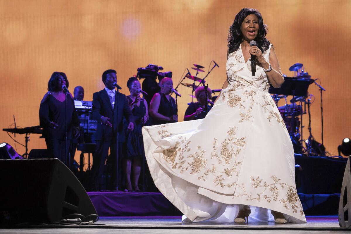Aretha Franklin performs at the world premiere of "Clive Davis: The Soundtrack of Our Lives" at Radio City Music Hall, during the 2017 Tribeca Film Festival in New York.