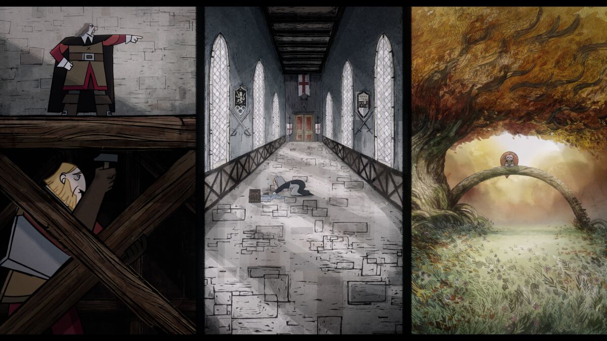 A triptych frame from "Wolfwalkers," the Oscar-contending animated feature.