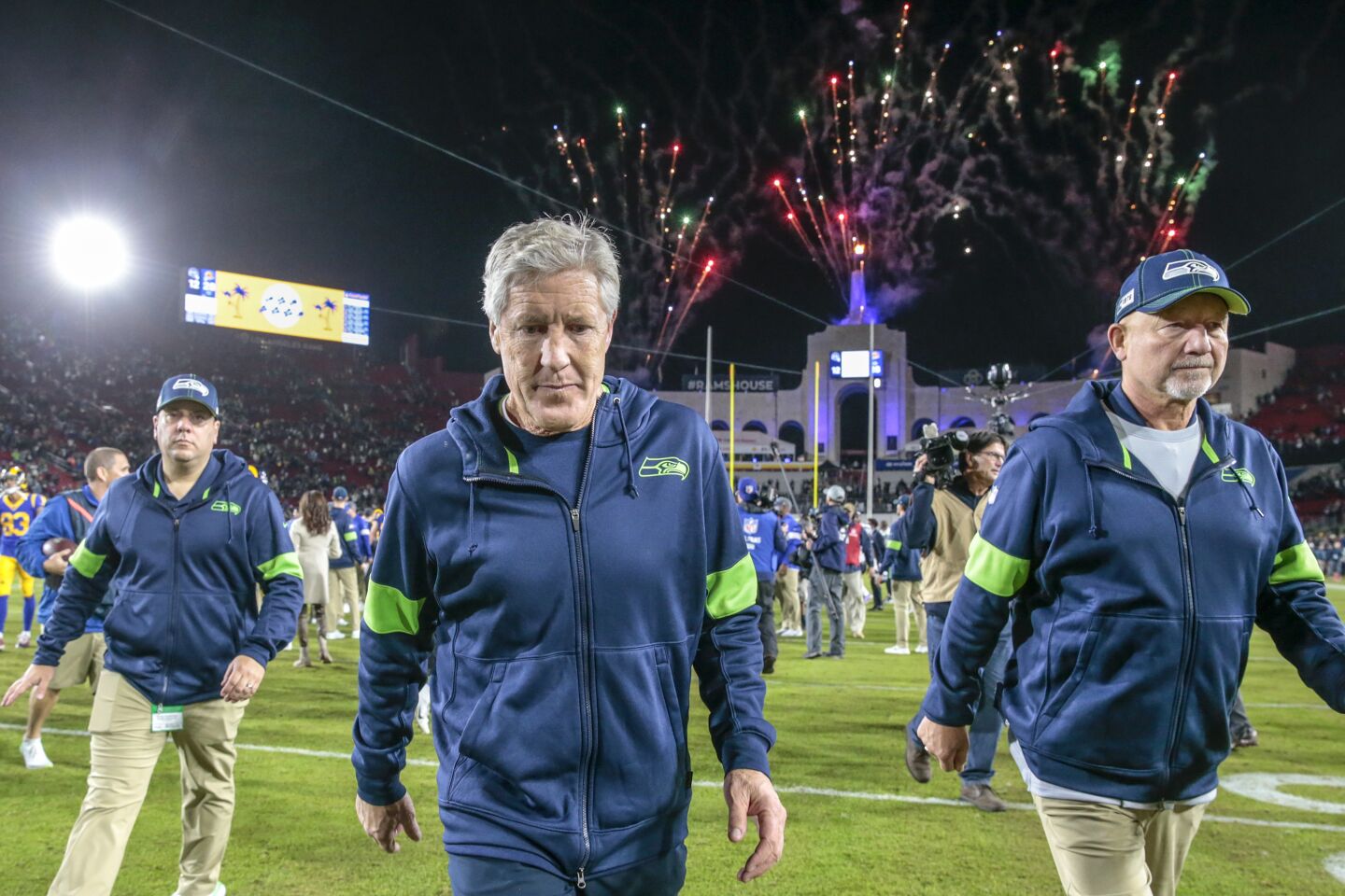 Seattle Seahawks coach Pete Carroll walks off the field at the Coliseum following the Rams' 28-12 victory.