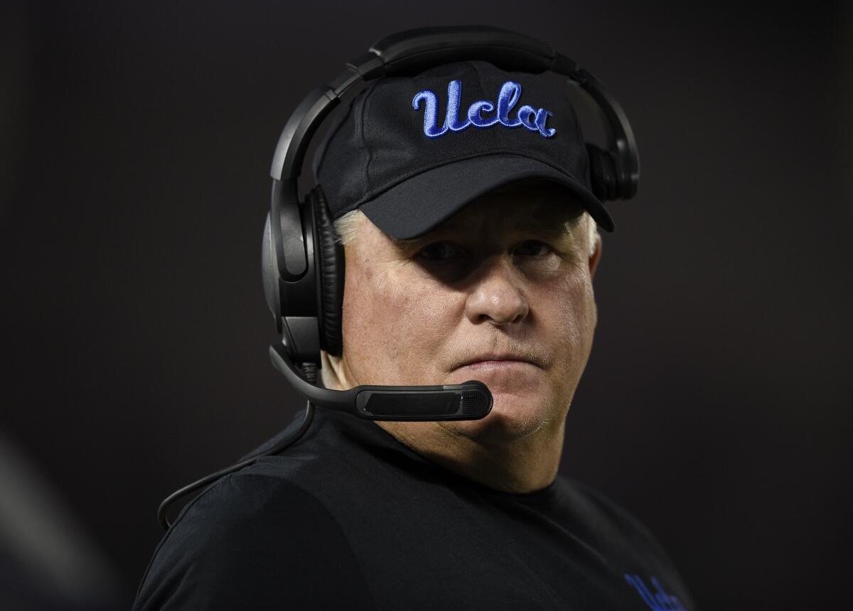 UCLA head coach Chip Kelly looks on from the sideline during the first half of a game against Colorado on Saturday at the Rose Bowl.