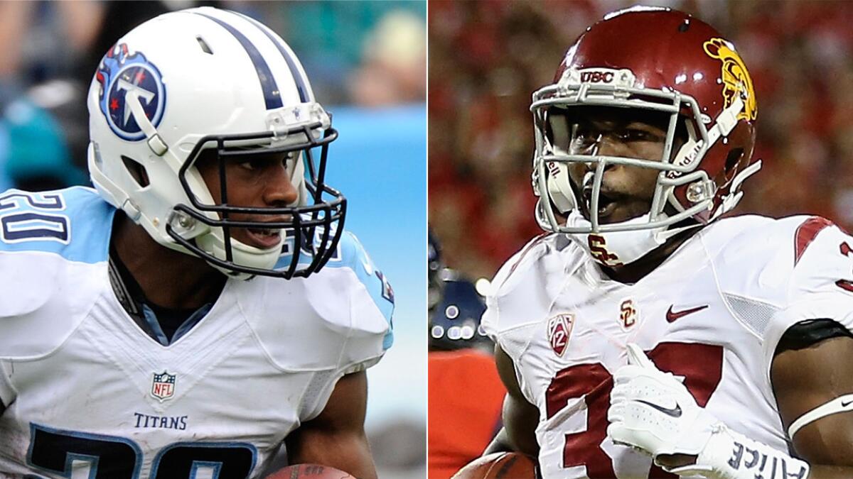 USC's running backs coach sees similarities between Tennessee Titans running back Bishop Sankey, left, and Trojans tailback Javorius Allen.