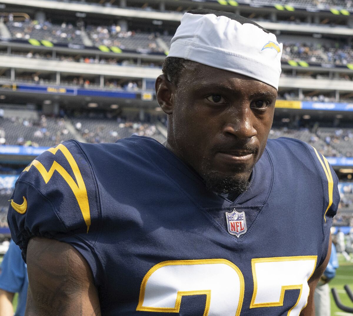  Chargers cornerback J.C. Jackson (27) walks to the locker room before an NFL football game against Seattle.