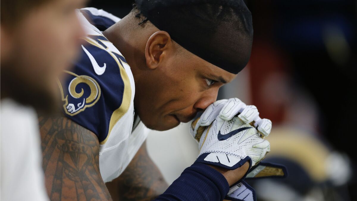 Rams cornerback Trumaine Johnson strikes a reflective pose during the closing moments of the last game of the 2016 season.