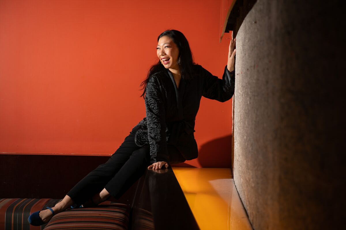 Kristina Wong poses for a portrait before the opening of 'Sweatshop Overlord' at the Kirk Douglas Theatre.