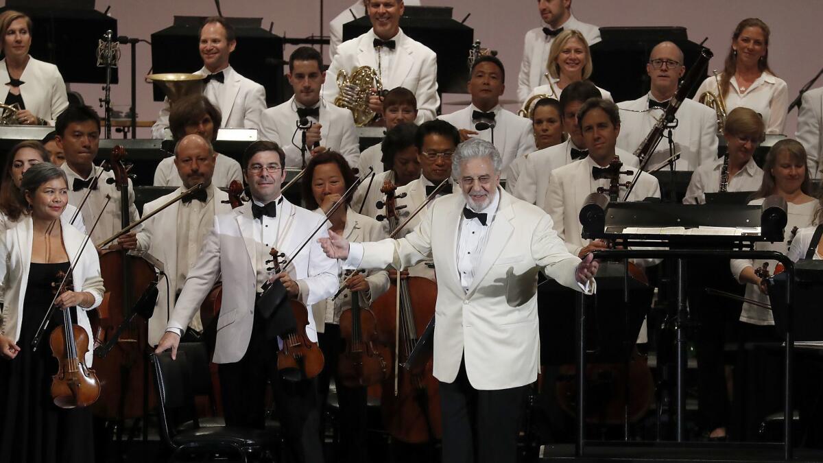 Plácido Domingo conducts music from Spain with the Los Angeles Philharmonic Orchestra at the Hollywood Bowl on Thursday night.