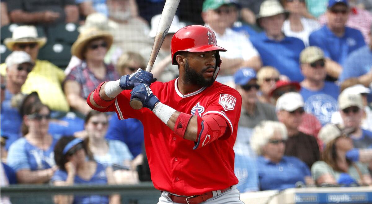 Jo Adell hits against the Royals during an Angels spring training game on March 7.