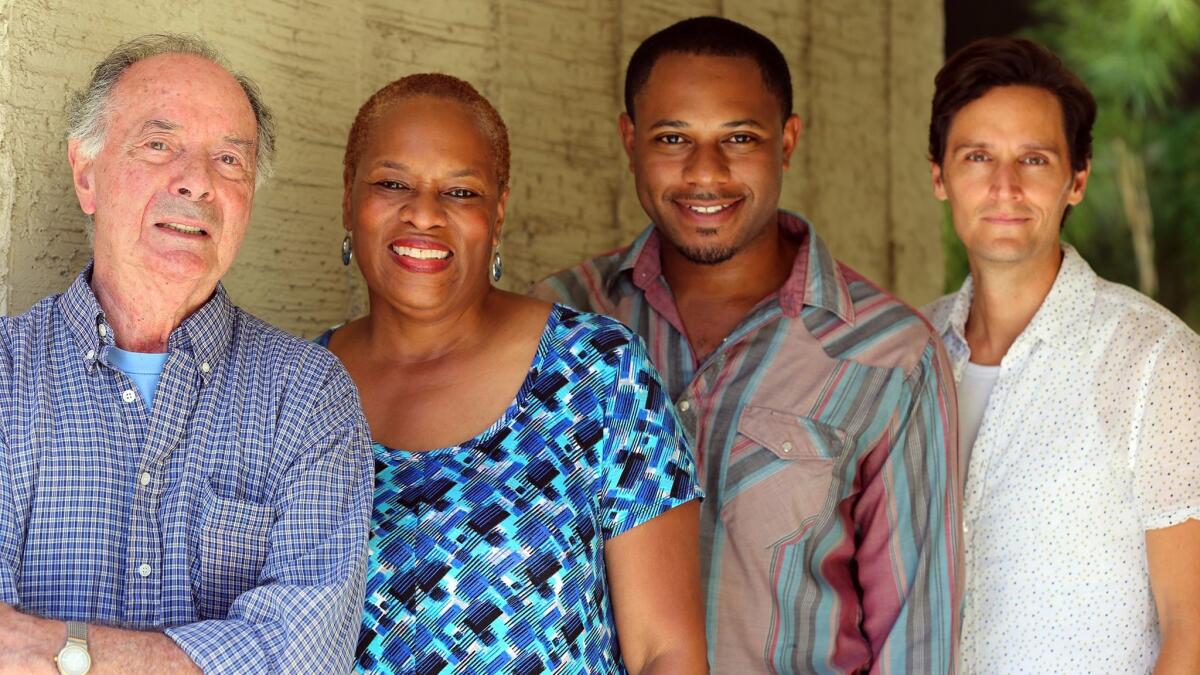 South Coast Repertory presents the world premiere of “Curve of Departure” by Rachel Bonds and directed by Mike Donahue. The cast, from left, is Allan Miller, Kim Staunton, Larry Powell and Christian Barillas.