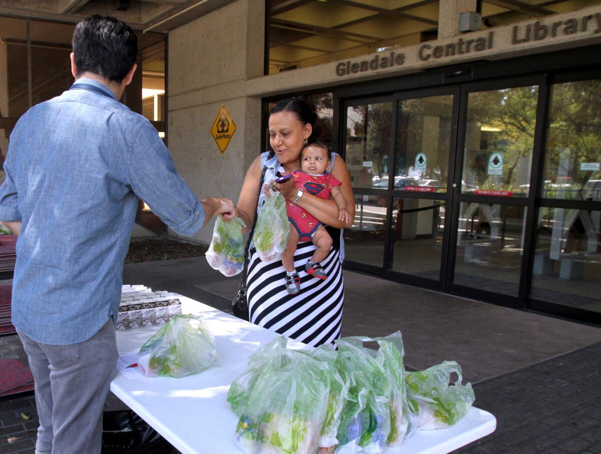 In this June 2015 photo, Glendale Public Library library assistant Adam Rager hands a lunch to Susan Makr, holding 2-month old Rafael, of Glendale, during the summer lunch program at Central Library in Glendale.