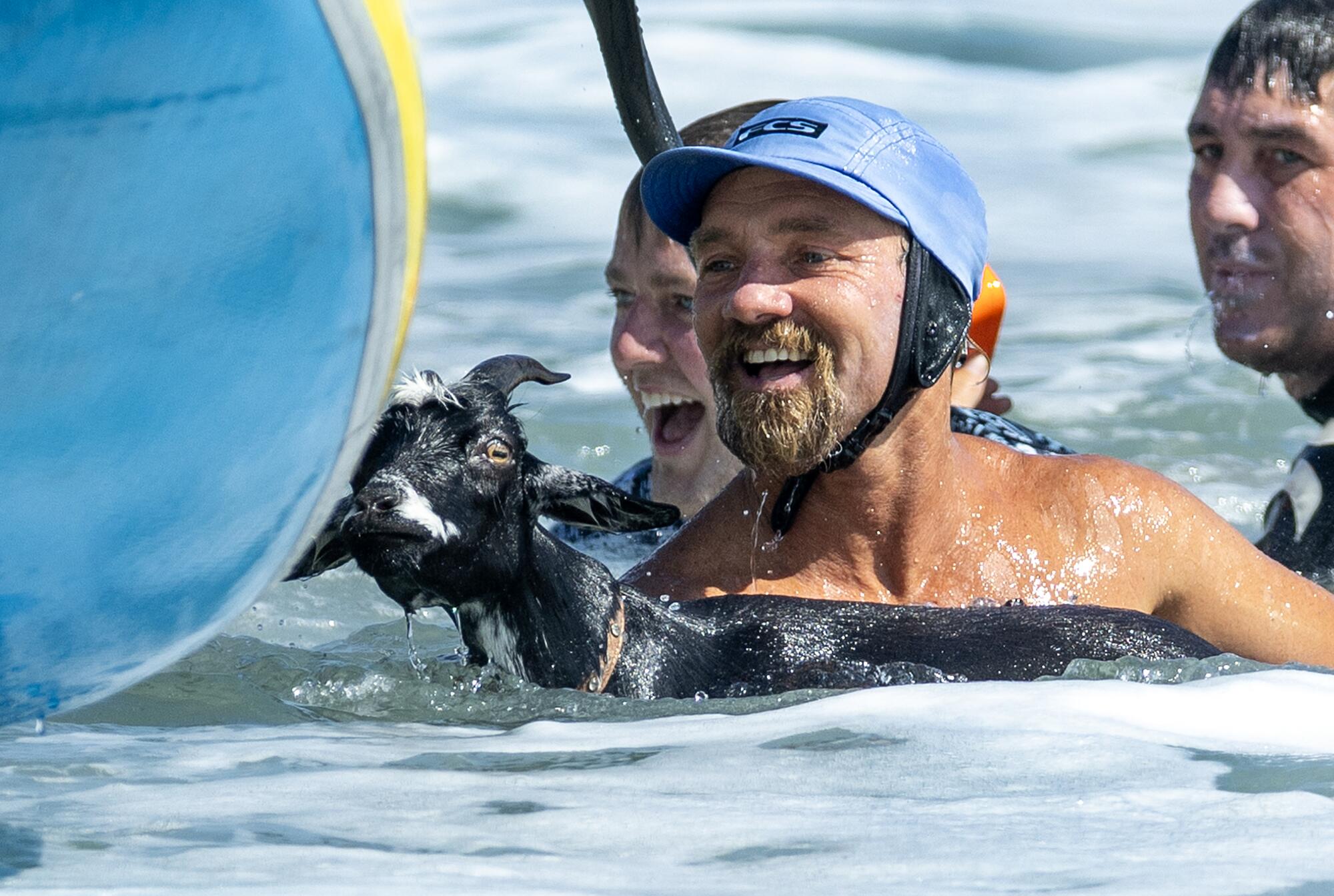 Dana McGregor swims with his one-year-old surfing goat Chupacabrah after wiping out.