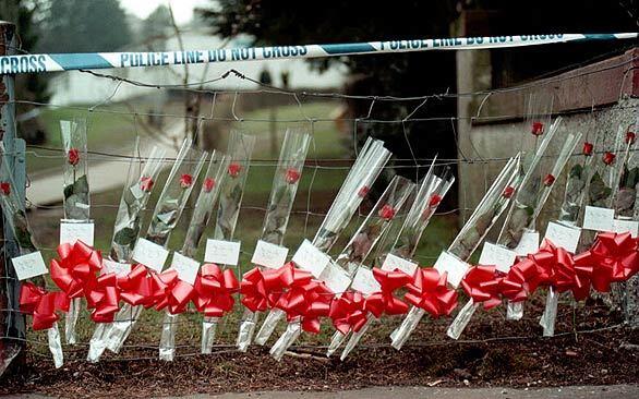 March 1996, Britain: A gunman burst into a primary school in Dunblane, Scotland, shot and killed 16 children and their teacher, then killed himself. Seventeen red roses, one for each of the children and their teacher, were placed near the entrance to Dunblane Primary School, in Dunblane, Scotland.