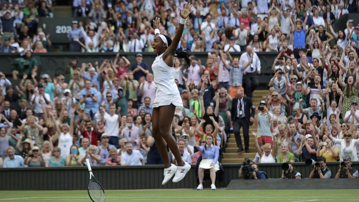 Coco Gauff celebrates at Wimbledon