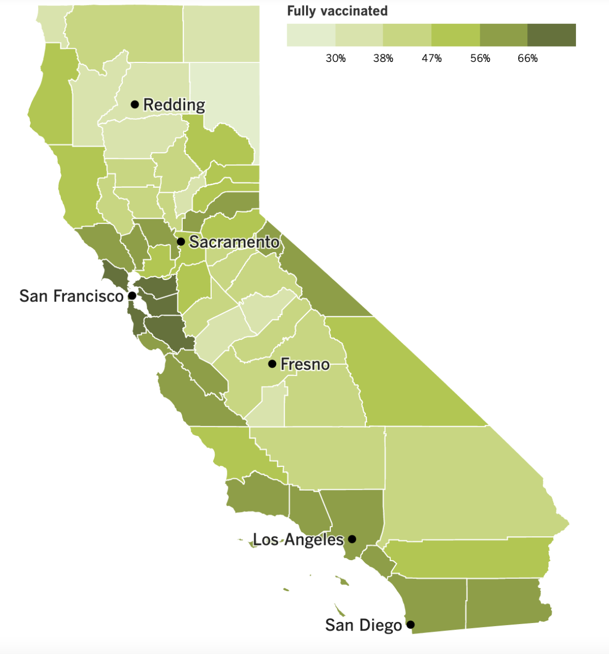 A map showing California's vaccination progress by county.