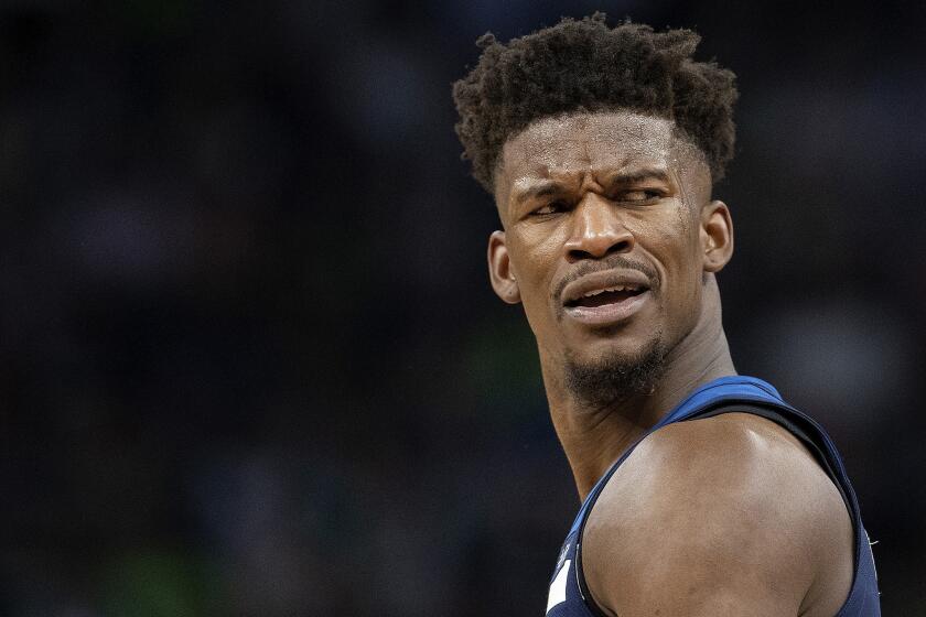 Minnesota Timberwolves' Jimmy Butler (23) reacts to a call in the third quarter in Game 4 of their series against the Rockets Monday, April 23, 2018 at the Target Center in Minneapolis, Minn. (Carlos Gonzalez/Minneapolis Star Tribune/TNS) ** OUTS - ELSENT, FPG, TCN - OUTS **