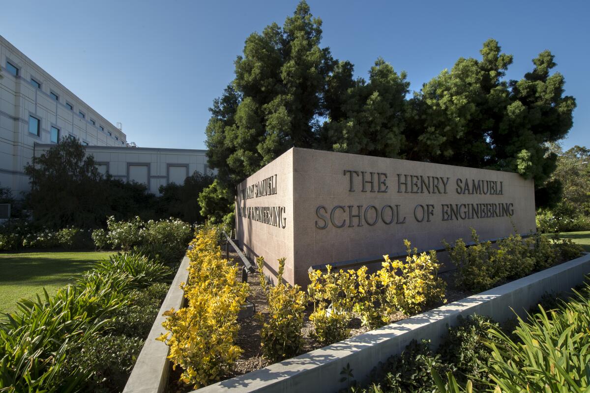An exterior view of the Henry Samueli School of Engineering at UC Irvine's campus.