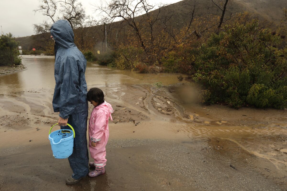 A little girl and a man in raincoats stand next to a muddy, flooded road