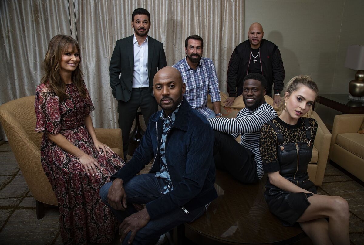 The cast of "Night School" reassembled at the Ritz Carlton on Sept. in Los Angeles, clockwise from far left: Mary Lynn Rajskub, Al Madrigal, Rob Riggle, Fat Joe, Kevin Hart, Anne Winters and Romany Malco.