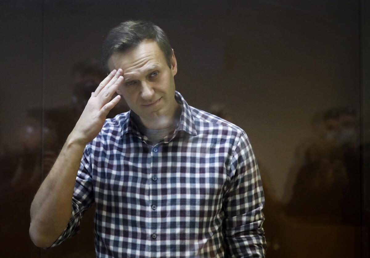 Russian opposition leader Alexei Navalny stands in a cage in the Babuskinsky District Court in Moscow.