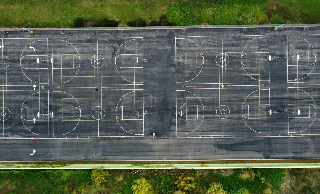 The basketball courts at Roybal Learning Center are empty with schools closed