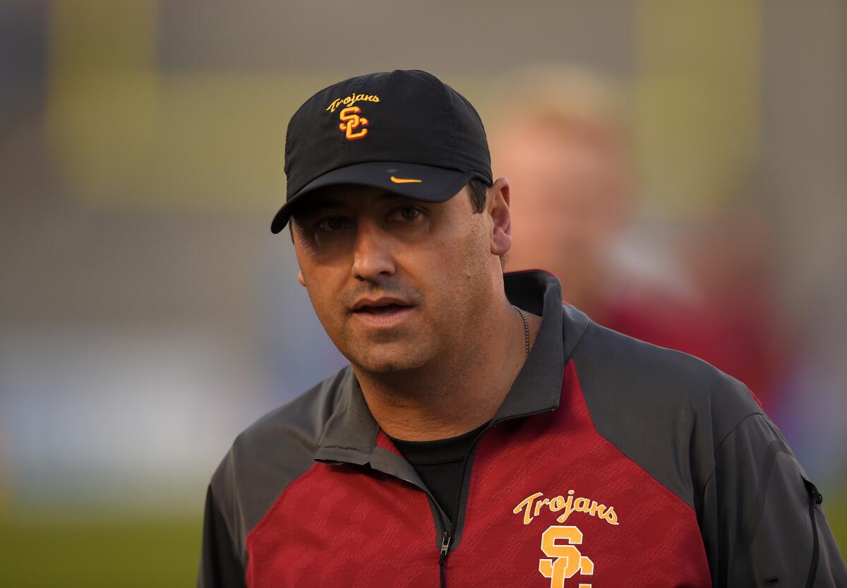 USC Coach Steve Sarkisian looks on prior to the Nov. 22 game against UCLA.