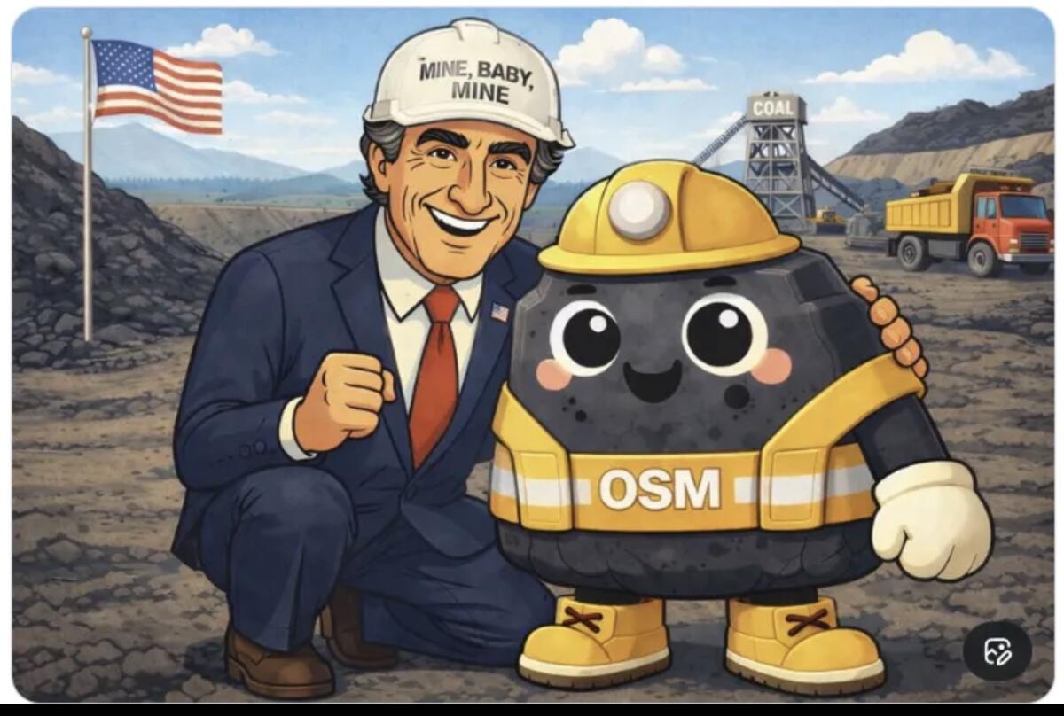 An illustration of a man in a dark suit and red tie and a white hard hat, next to a mascot resembling a lump of coal