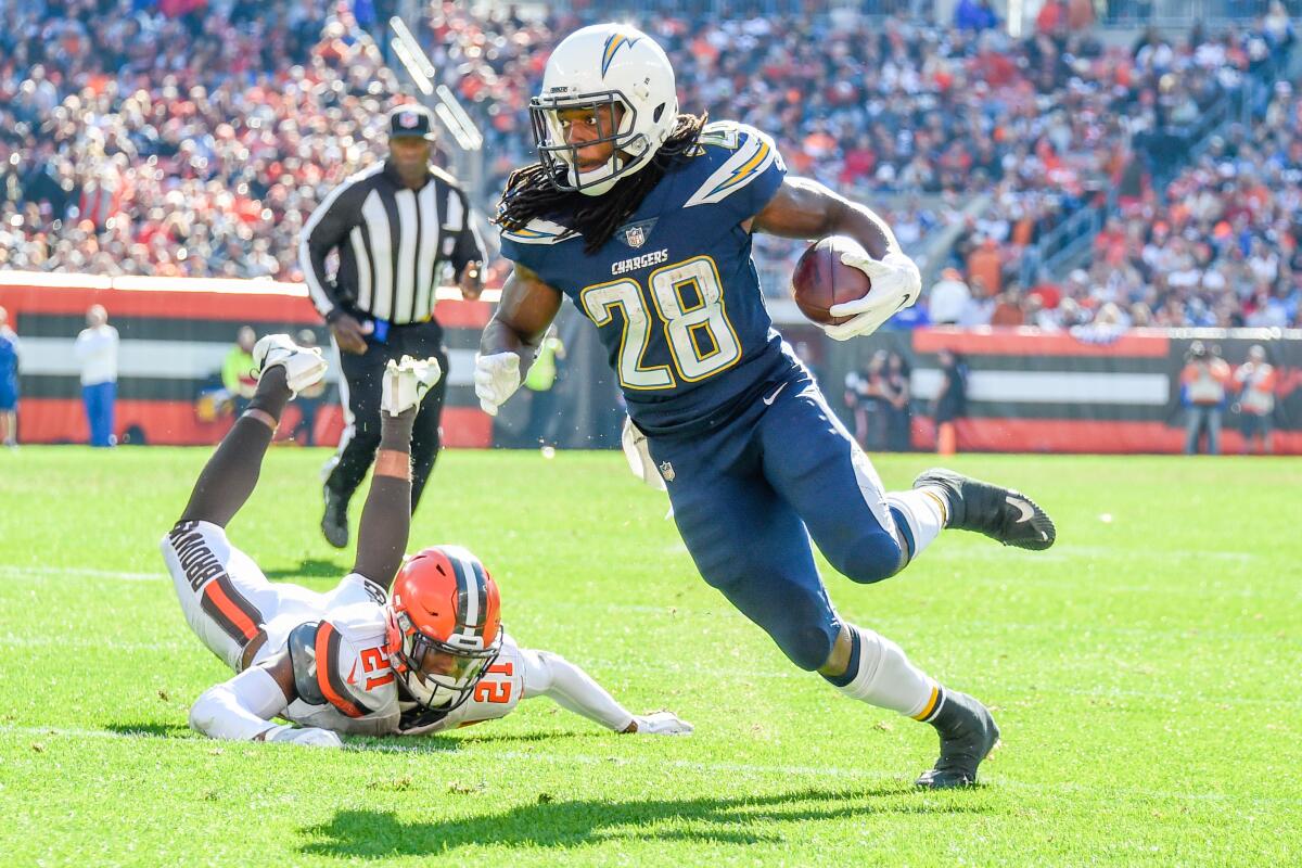 Chargers' Melvin Gordon runs for a touchdown against the Cleveland Browns in the third quarter last season in Cleveland.