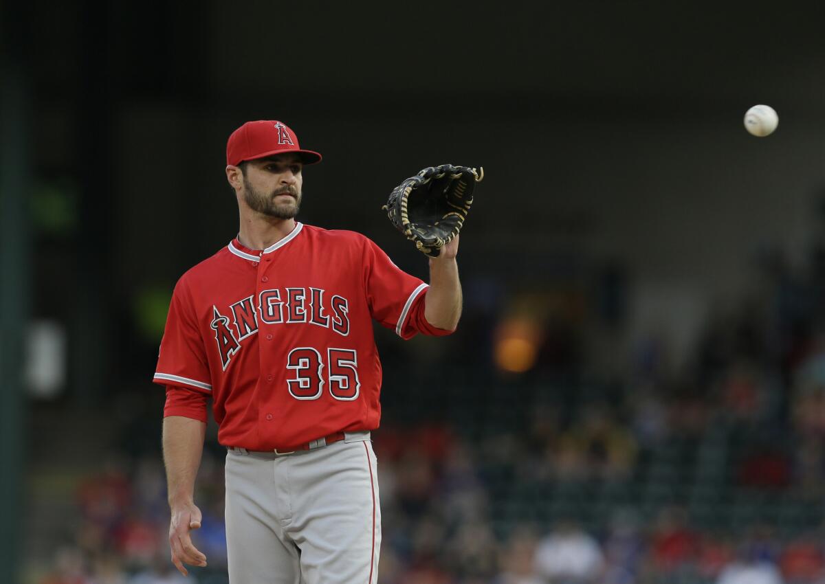 Angels starting pitcher Nick Tropeano waits for the throw back during the first inning against the Rangers on May 23.