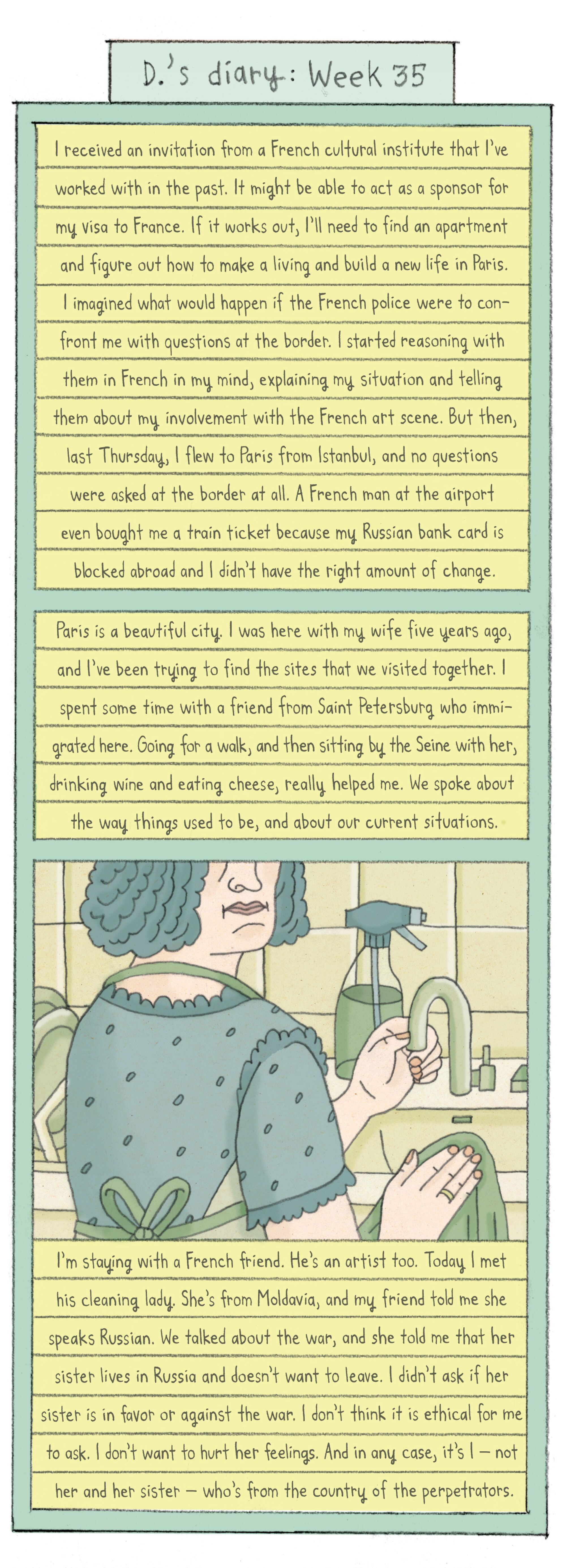 Comic depicting a woman in a kitchen washing dishes at a sink.