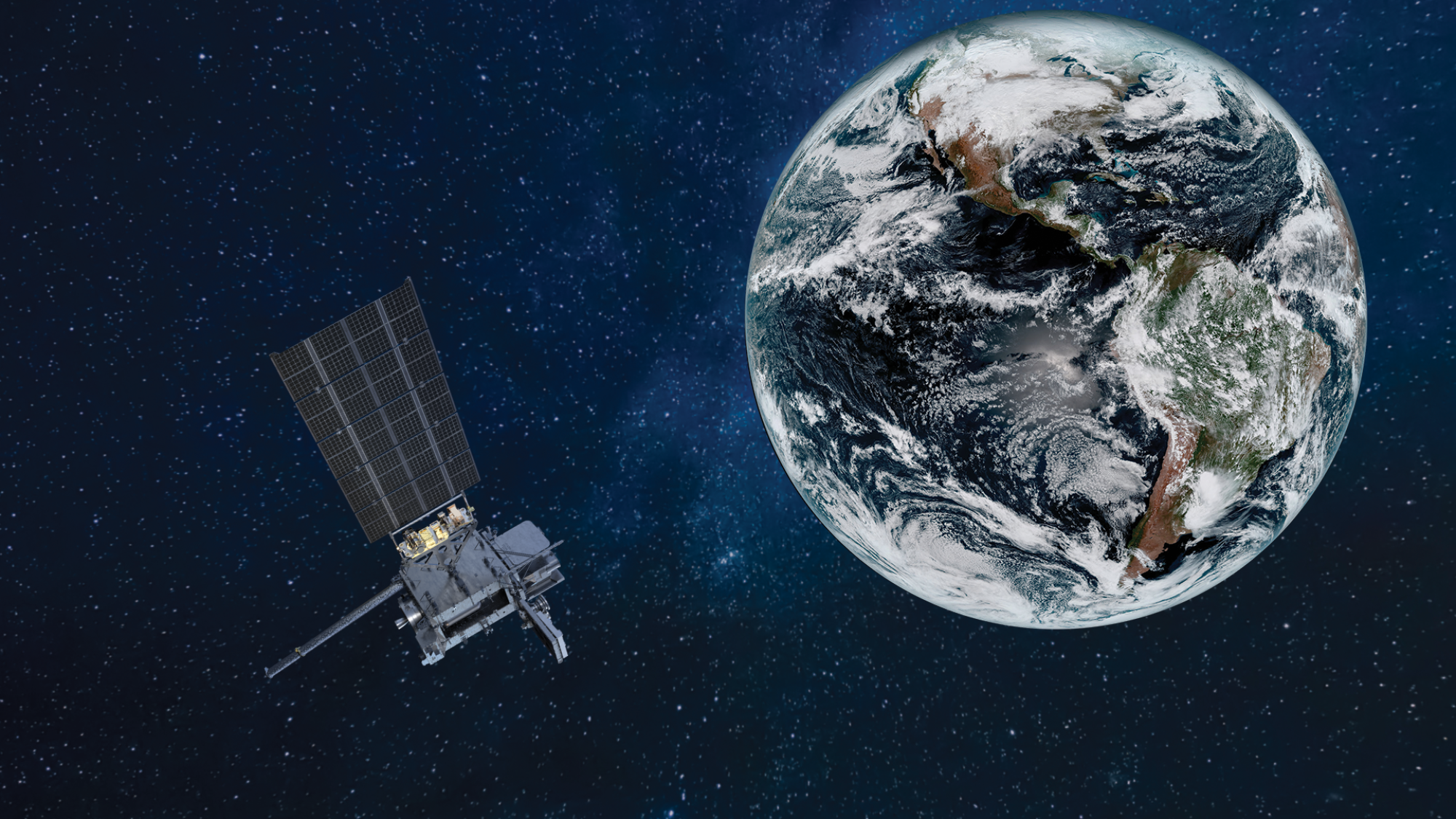 绕地球运行的 GOES-U 卫星渲染图。