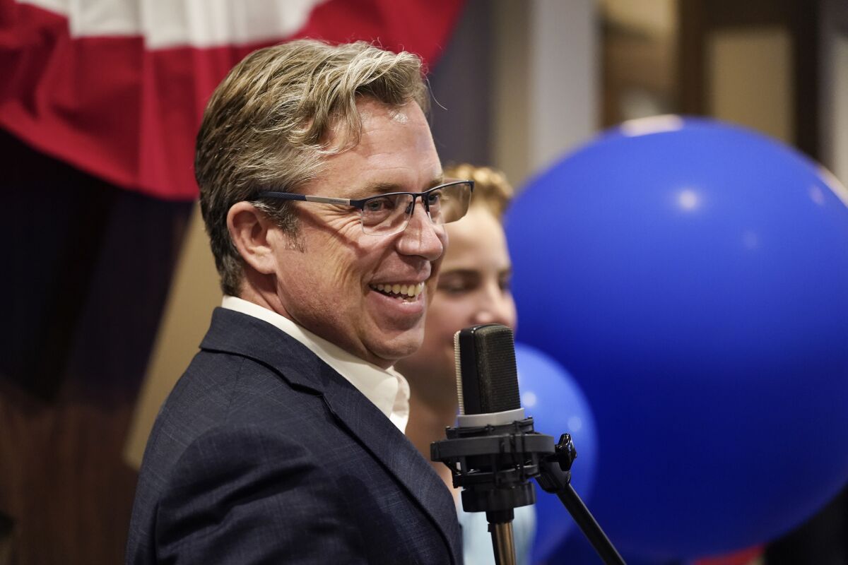 Andy Ogles speaks to supporters after being declared the winner in Tennessee's 5th Congressional District Republican primary, Aug. 4, 2022, in Franklin, Tenn. (AP Photo/Mark Humphrey)
