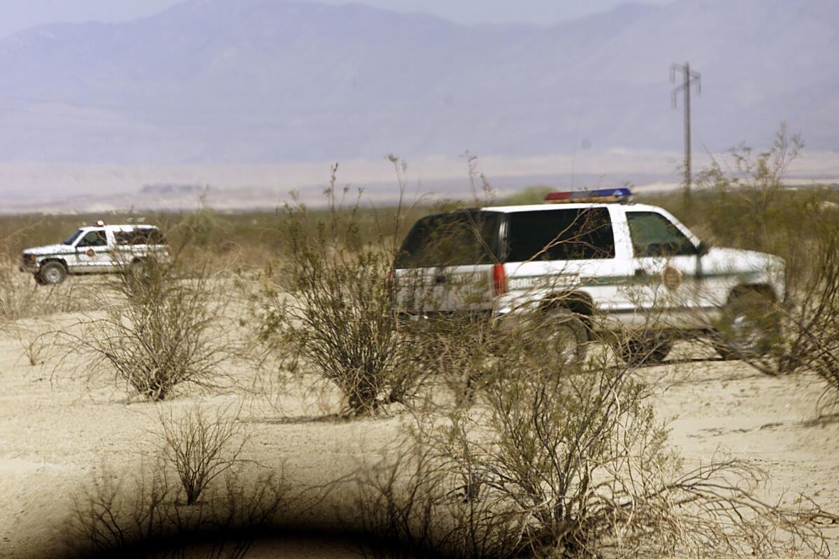 In a file photo, border patrol trucks scour a designated patch of desert in Imperial County, as they keep track of a group of wayward migrants who are trying to cross the border.