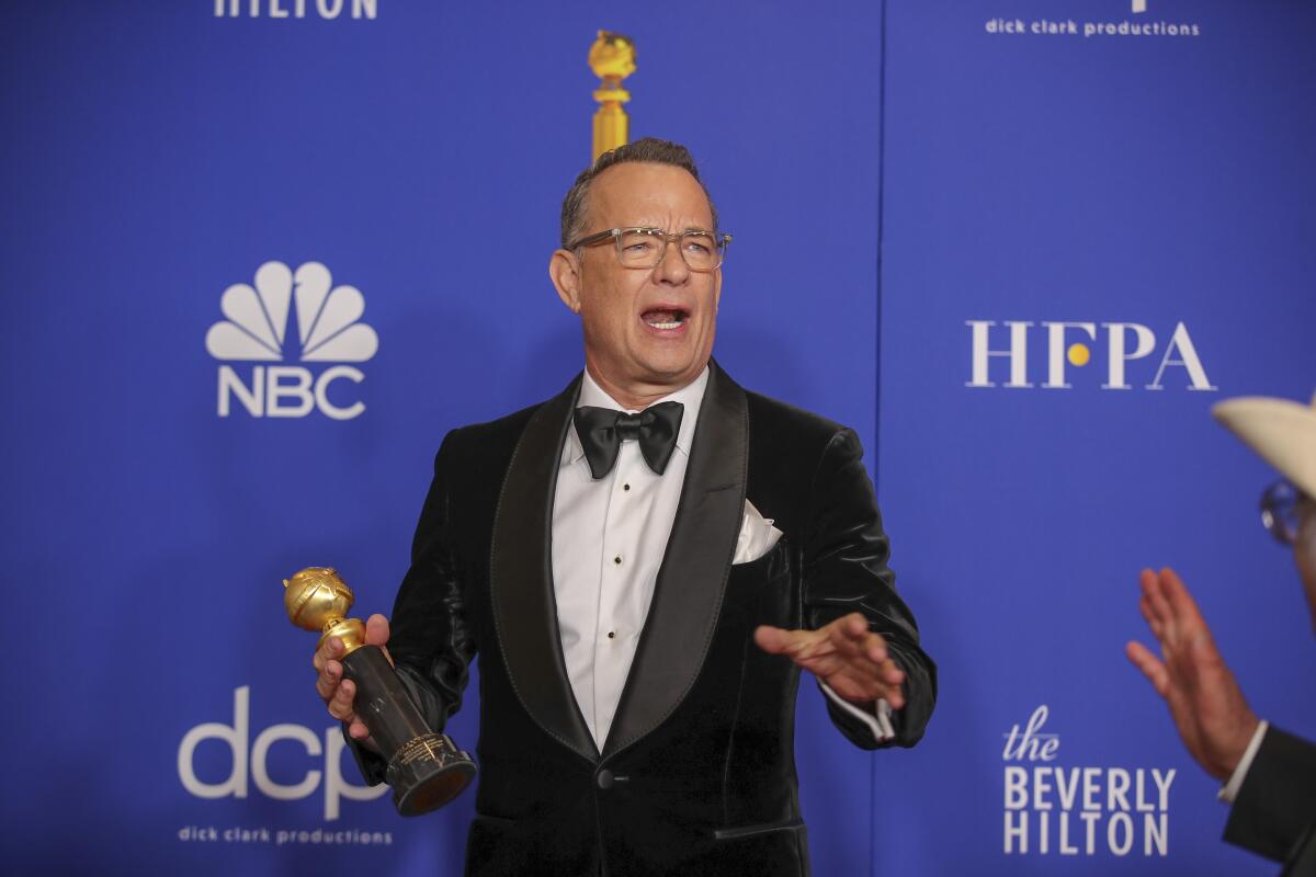 Cecil B. DeMille Award winner Tom Hanks at the 77th Golden Globes at the Beverly Hilton on Sunday.