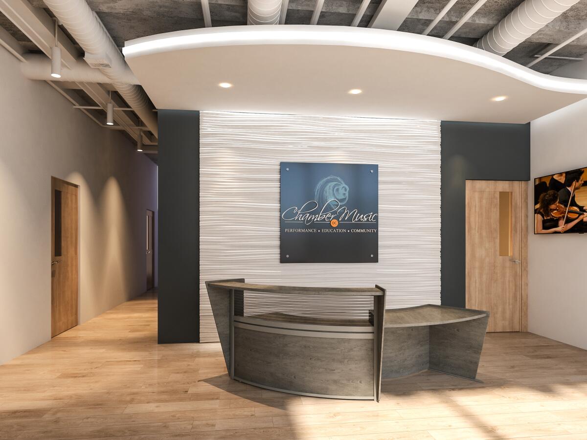 A rendering of Chamber Music OC's lobby in its new Lake Forest headquarters.