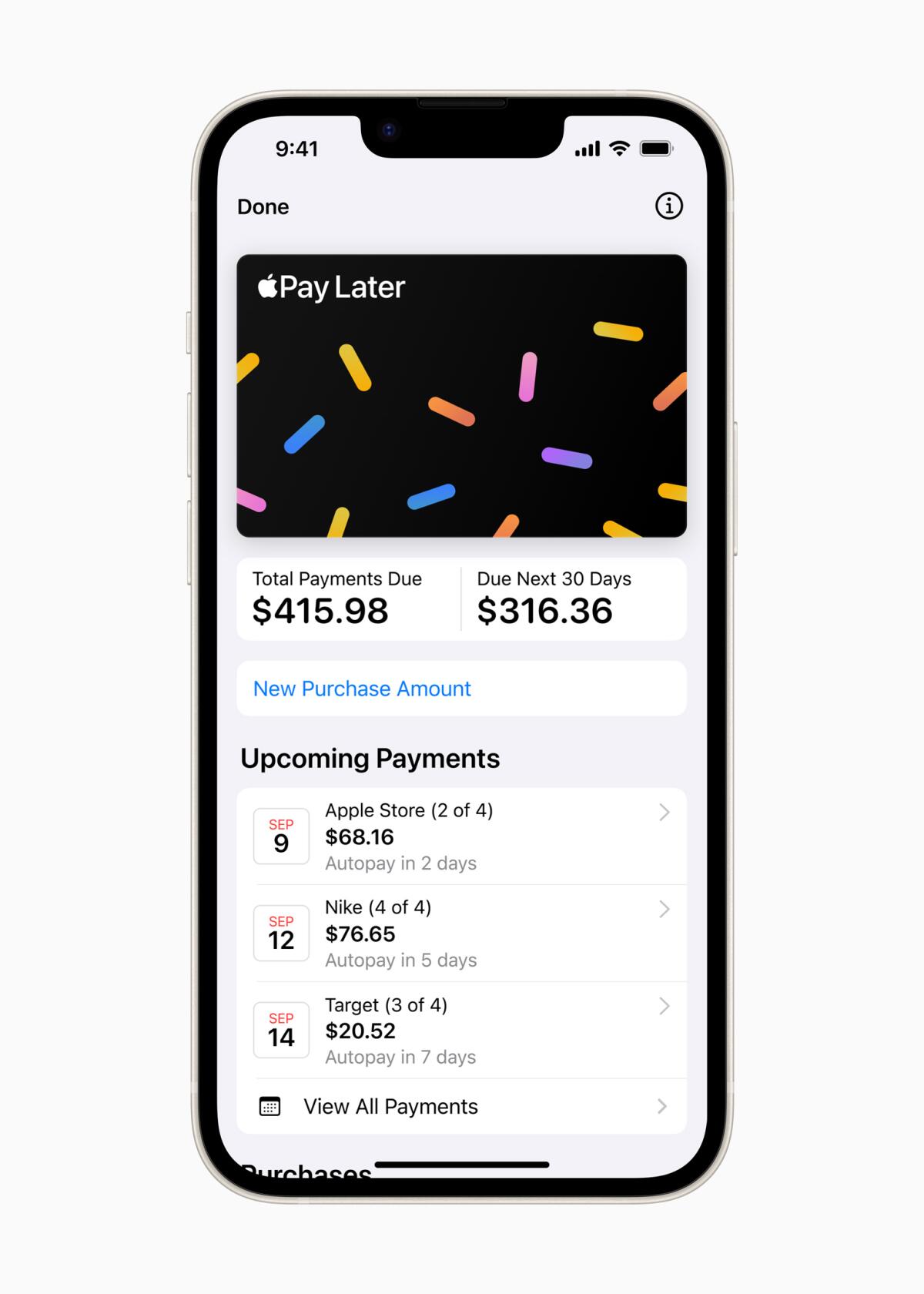A screenshot of the Apple Pay Later interface on an iPhone screen