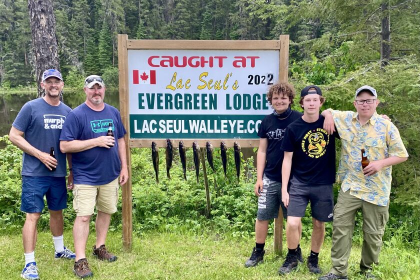 In June, from left, Andy Fales, Ken Pink, Max Sparrey, Wyatt Pink and Union-Tribune sports columnist Bryce Miller visited Lac Seul in remote Ontario, Canada.