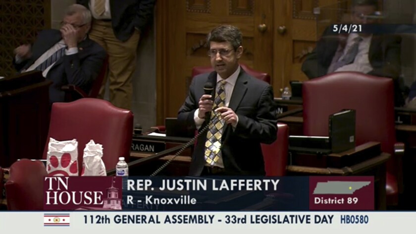 In this still image from video provided by the Tennessee General Assembly, Rep. Justin Lafferty, R-Knoxville, speaks on the floor of the House of Representatives at the State Capitol in Nashville, Tenn., on Tuesday, May 4, 2021. Lafferty falsely declared that an 18th century policy designating a slave as three-fifths of a person was adopted for “the purpose of ending slavery," commenting amid a debate over whether educators should be restricted while teaching about systematic racism in America. (Tennessee General Assembly via AP)