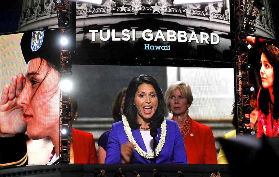 Congressional candidate Tulsi Gabbard of Hawaii addresses delegates during the opening night ceremonies of the Democratic National Convention in Charlotte, N.C.