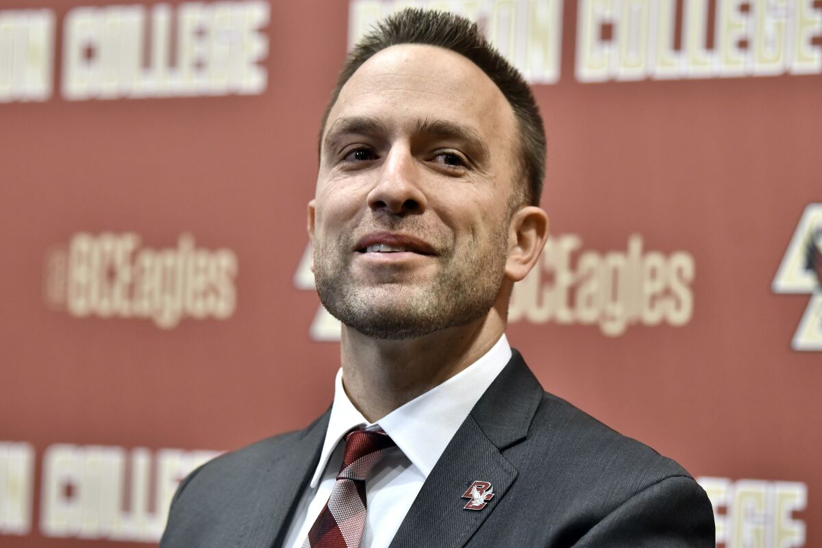 Boston College coach Jeff Hafley speaks at a news conference.