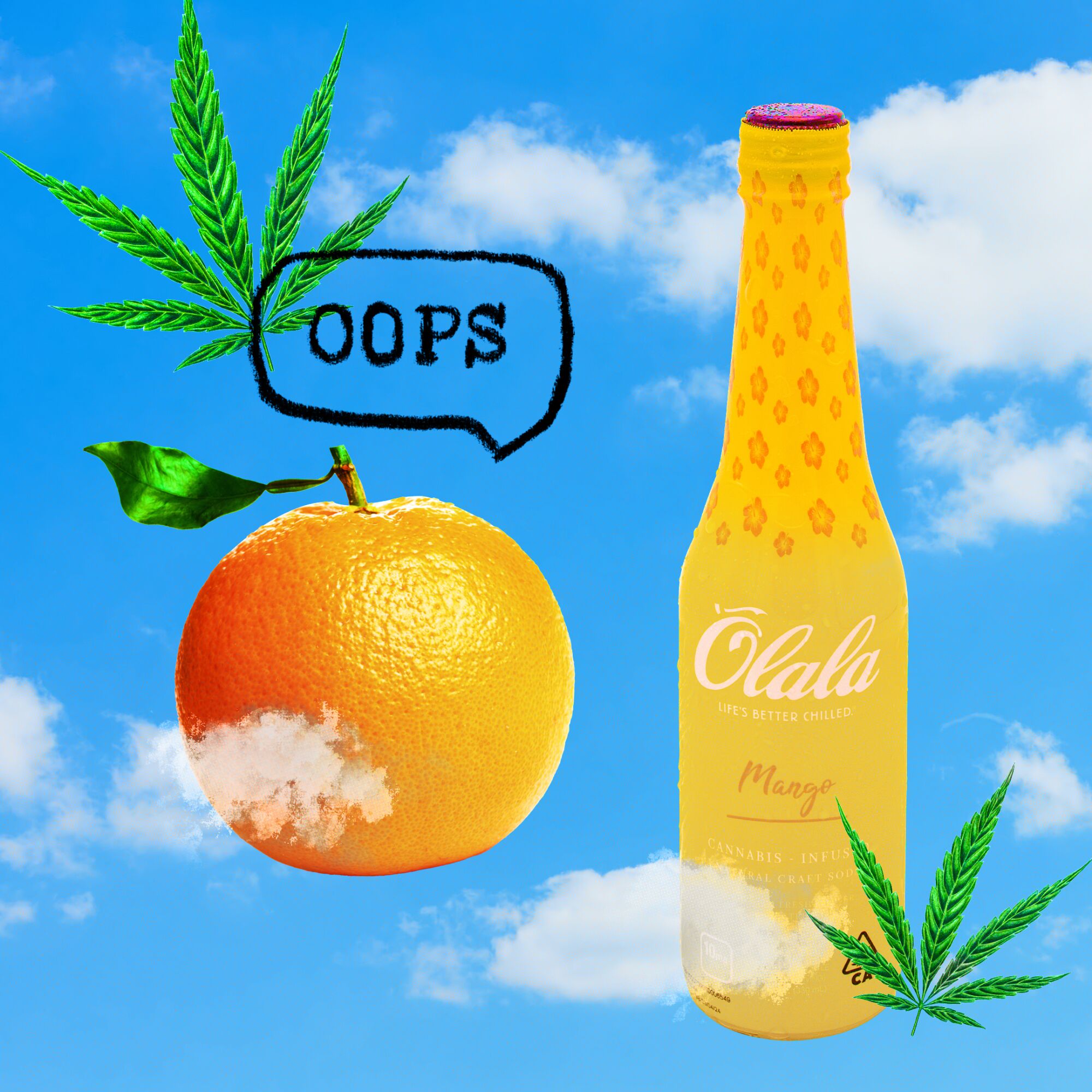 Olala Mango drink next to an illustrated orange and the word "oops."