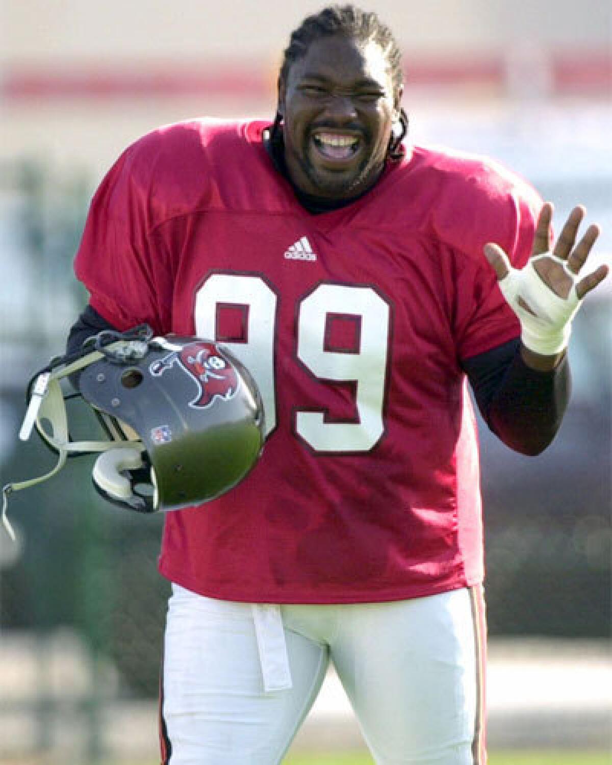 Warren Sapp during the first day of Tampa Bay Buccaneers training camp in 2001.
