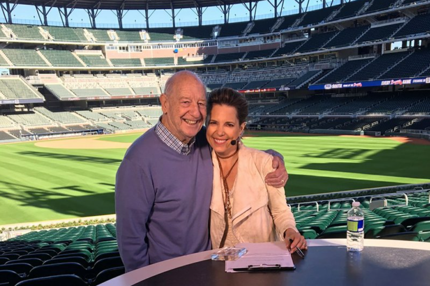 Mike Storen poses with his daughter Hannah Storm at the Atlanta Braves' ballpark in March 2017.