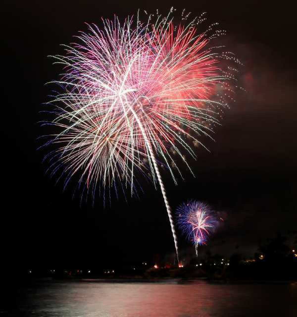 Fireworks light up the sky over Monument Point at Heisler Park during the Laguna Beach fireworks show on July 4, 2012.