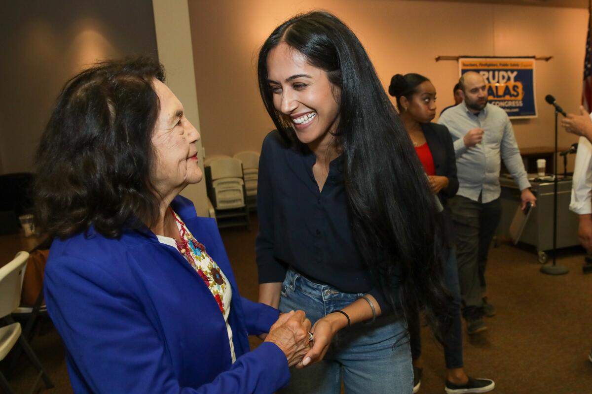 Dolores Huerta, left, a labor leader and civil rights activist, meets Manpreet Kaur