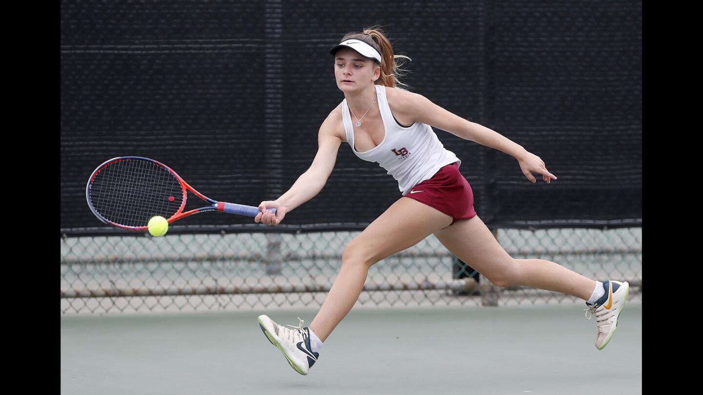 Laguna Beach High singles player Sarah MacCallum competes in the CIF Southern Section Individuals singles and doubles tournaments at El Dorado Tennis Center in Long Beach on Monday, November 19, 2018.